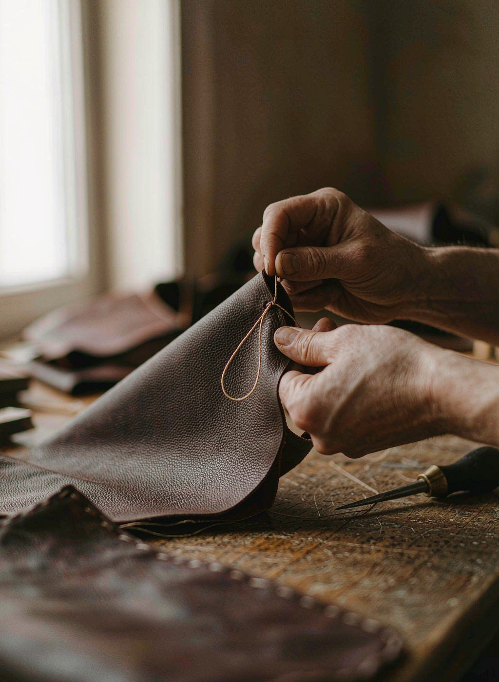 Craftsman hand-stitching leather in the Aurenvelle atelier