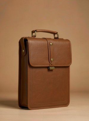 Cognac full-grain leather briefcase with brass buckle