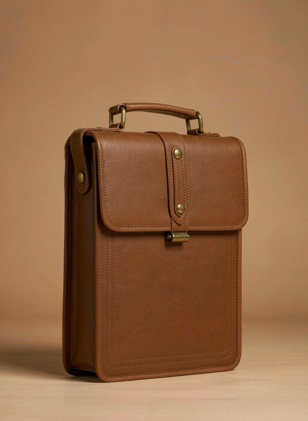 Cognac full-grain leather briefcase with brass buckle