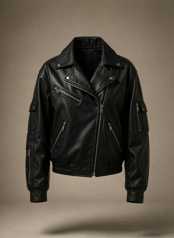 Black calfskin moto jacket with asymmetric zip