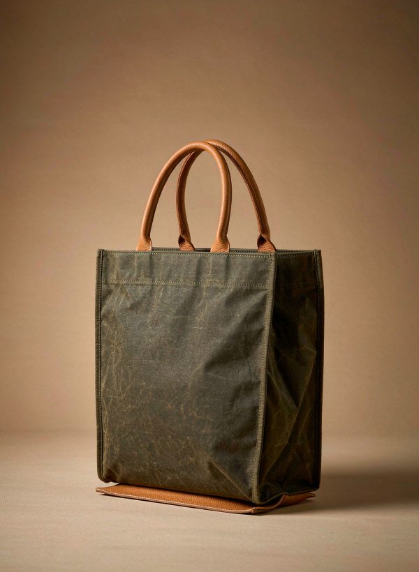 Olive waxed canvas tote with tan leather handles