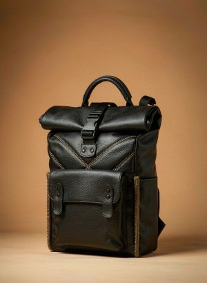 Black leather roll-top backpack with matte hardware