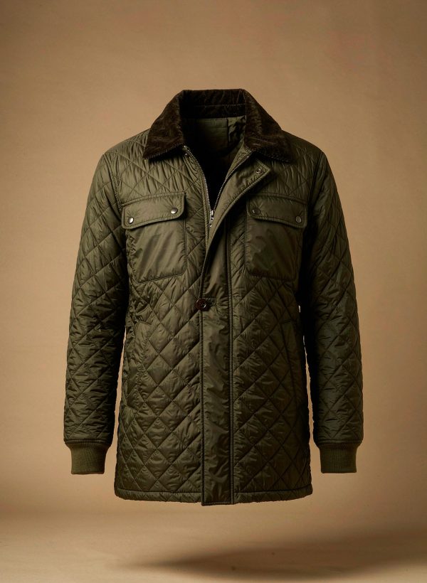 Olive diamond quilted field jacket with corduroy collar