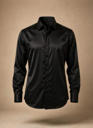 Black silk-blend evening shirt with concealed placket