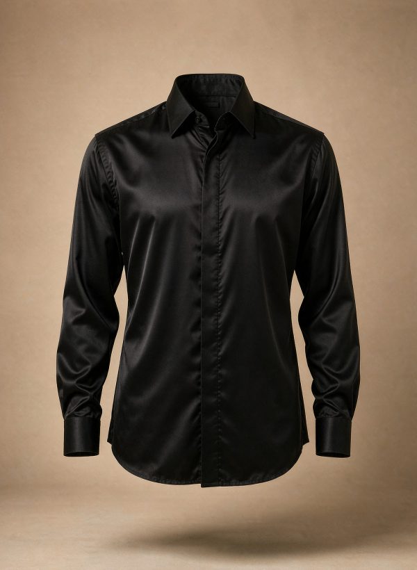 Black silk-blend evening shirt with concealed placket