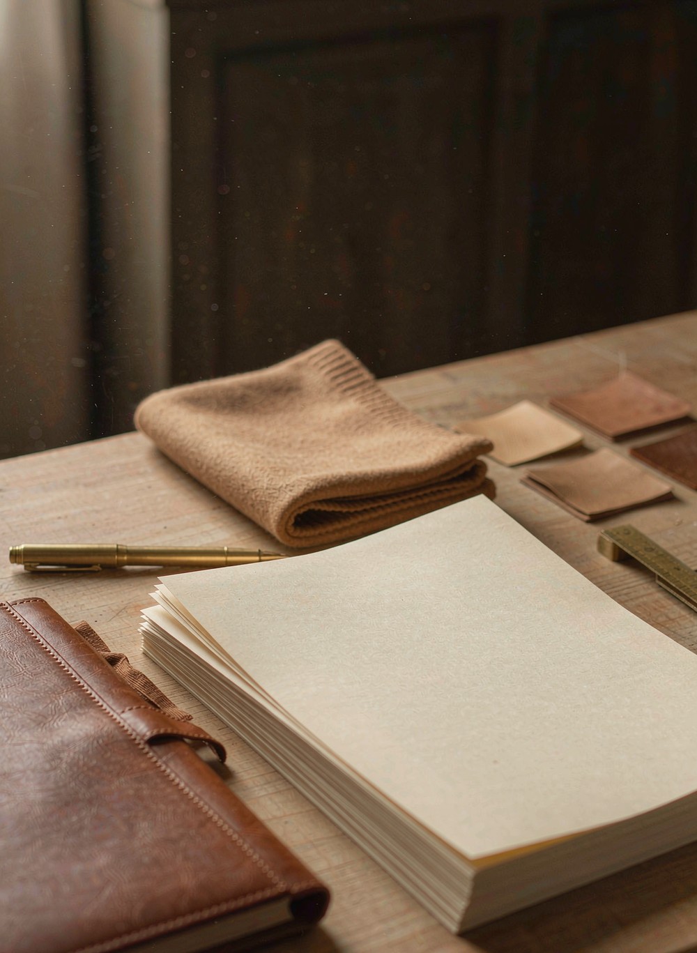 Writing paper, a brass pen, camel wool swatch and tan leather samples on a workbench
