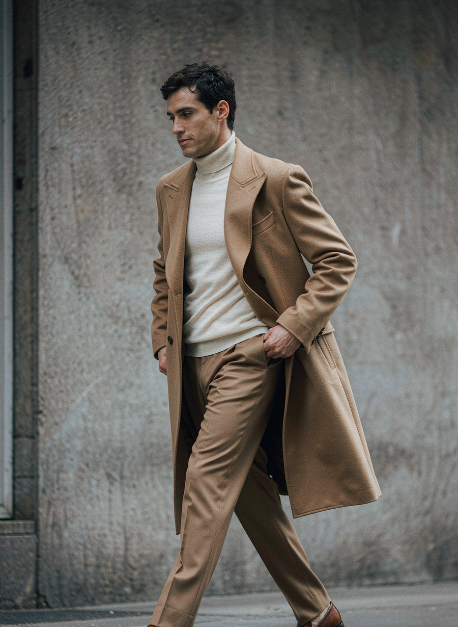 Man in a camel wool overcoat and cream roll-neck walking past a concrete wall
