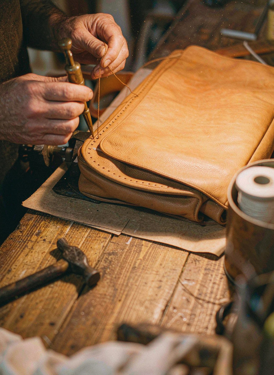 Craftsman hand-stitching the edge of a tan leather briefcase in a workshop